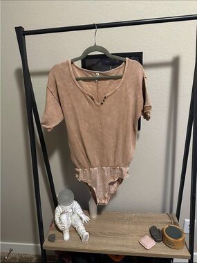 Free People Washed Ribbed Henley Bodysuit Top